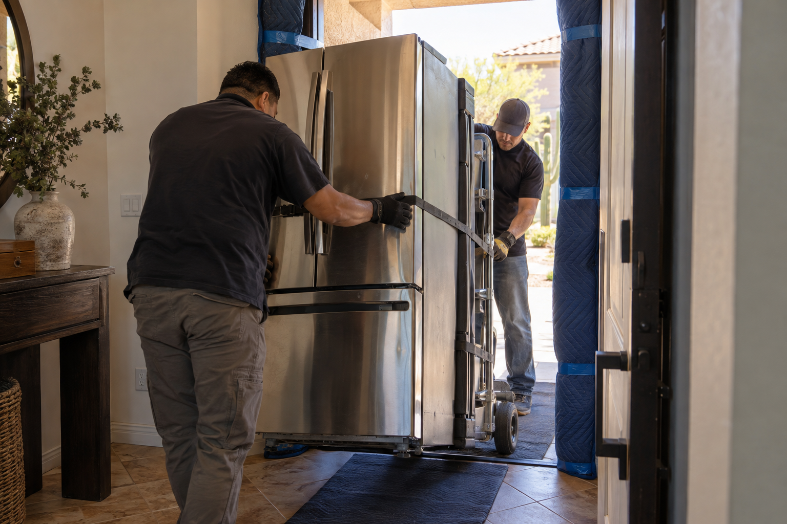 refrigerator on a hand truck
