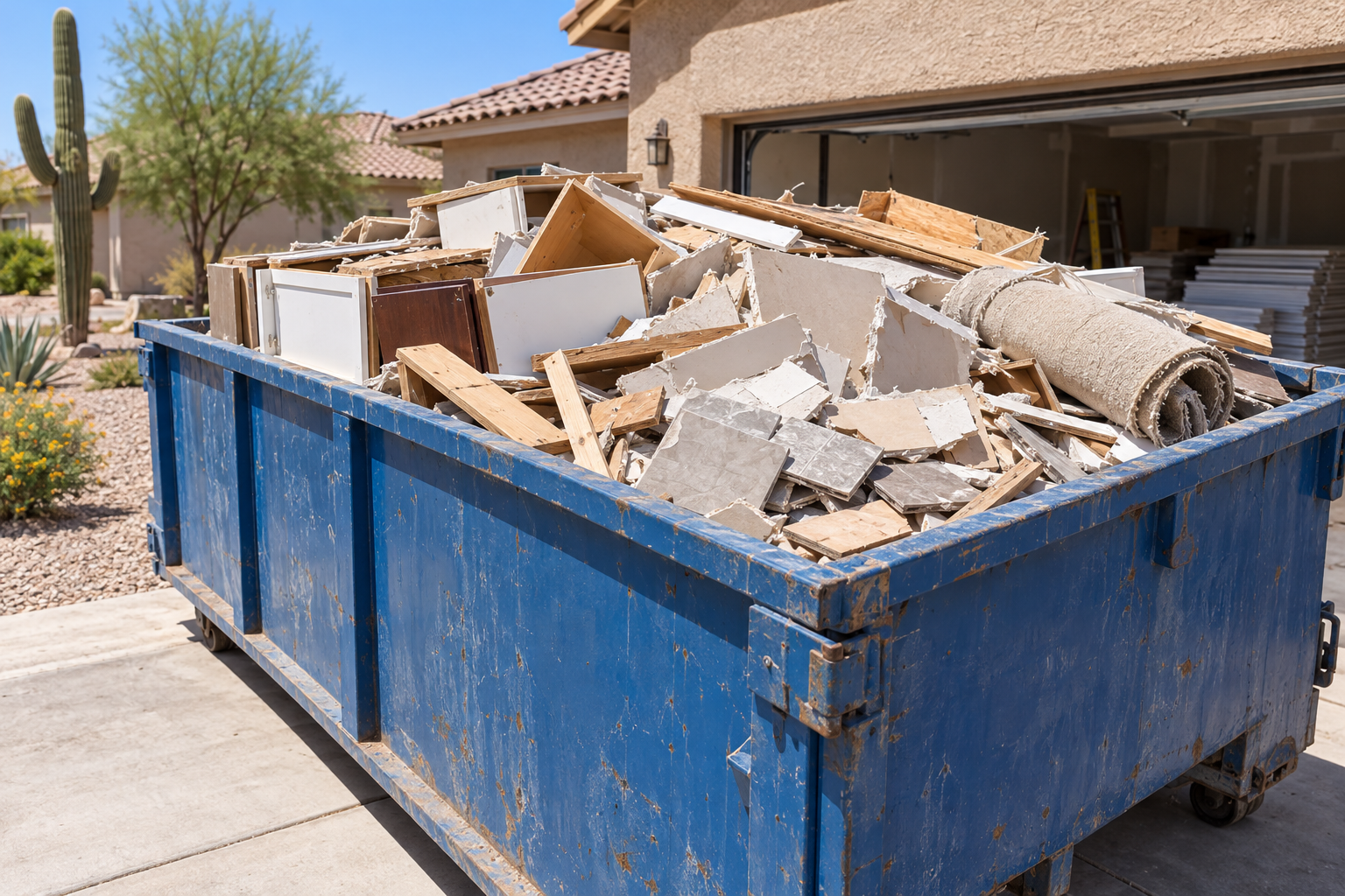 dumpster filled with renovation debris
