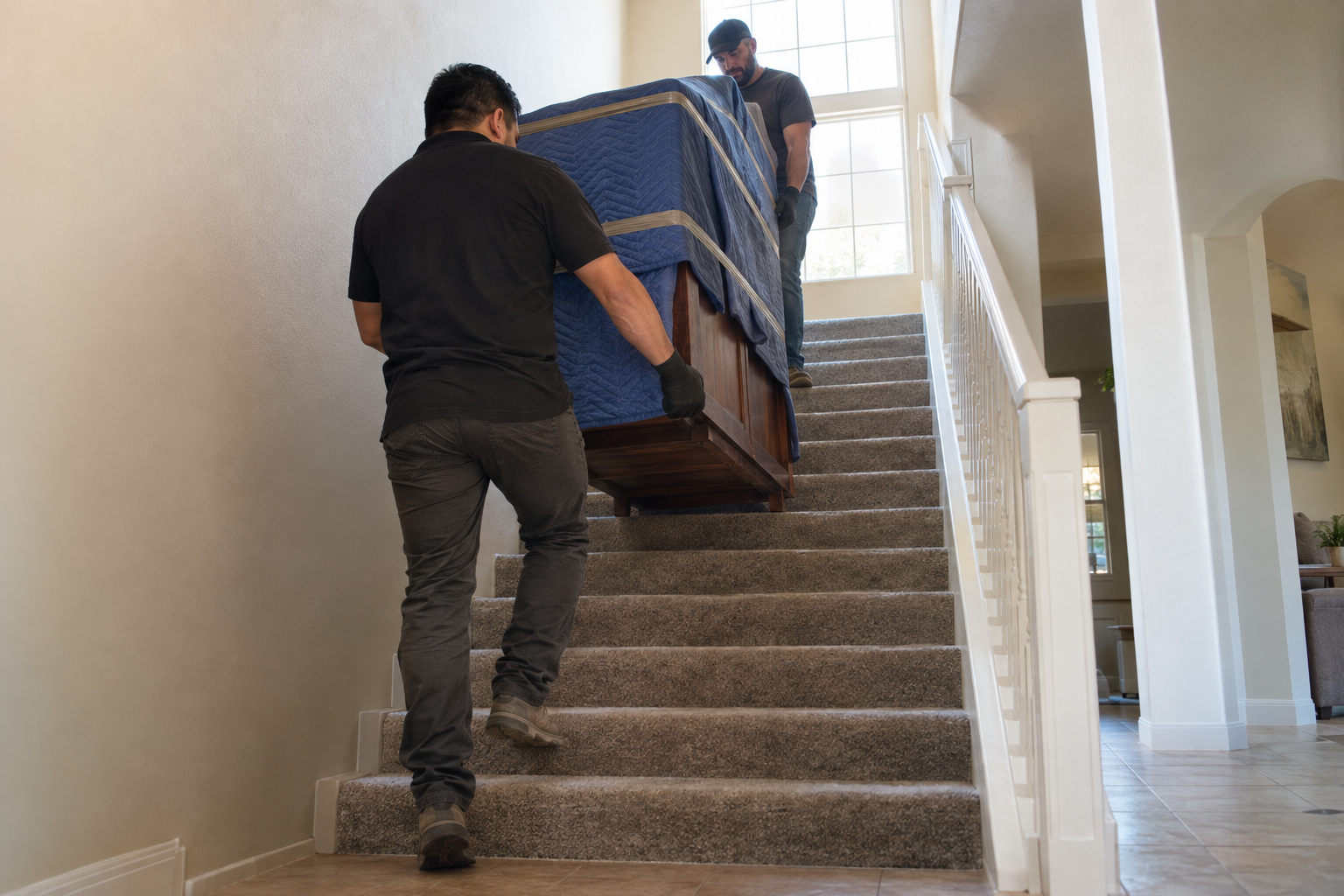 dresser carried down stairs with blankets