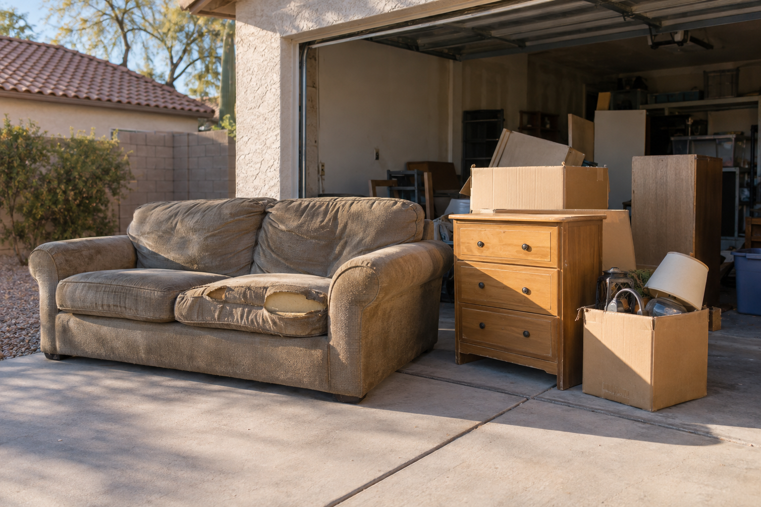 couch and boxes ready for junk pickup