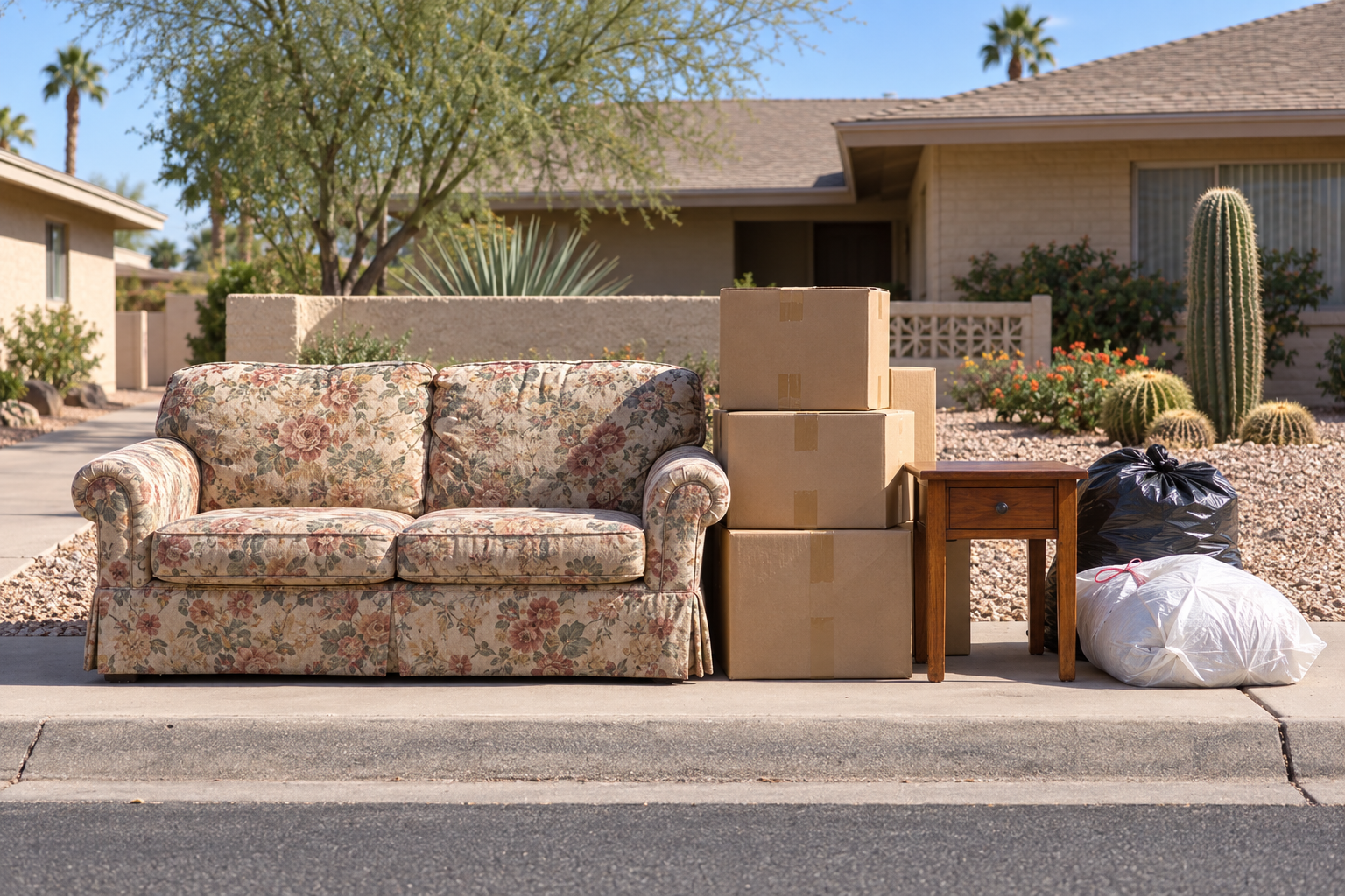 couch and boxes ready for junk pickup