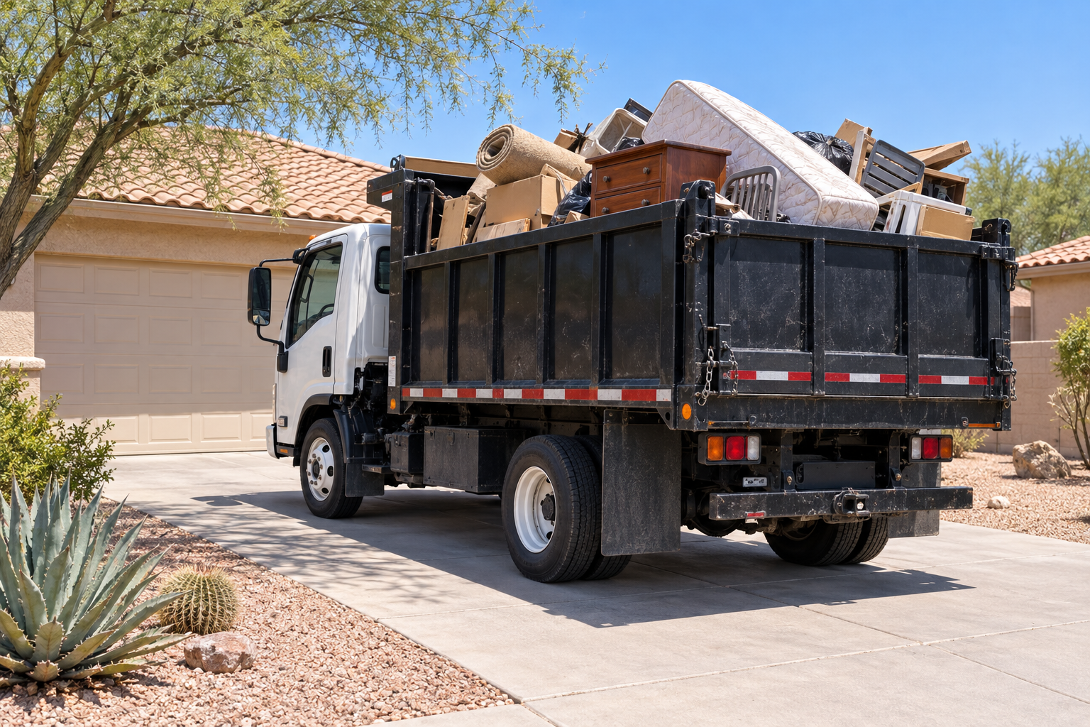 junk removal truck loaded in a Phoenix driveway