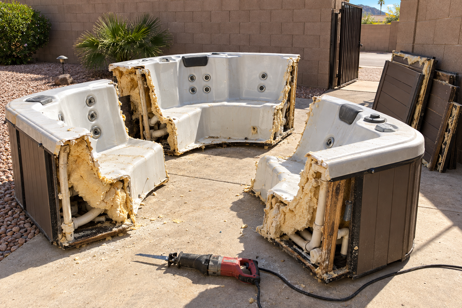hot tub shell cut into sections