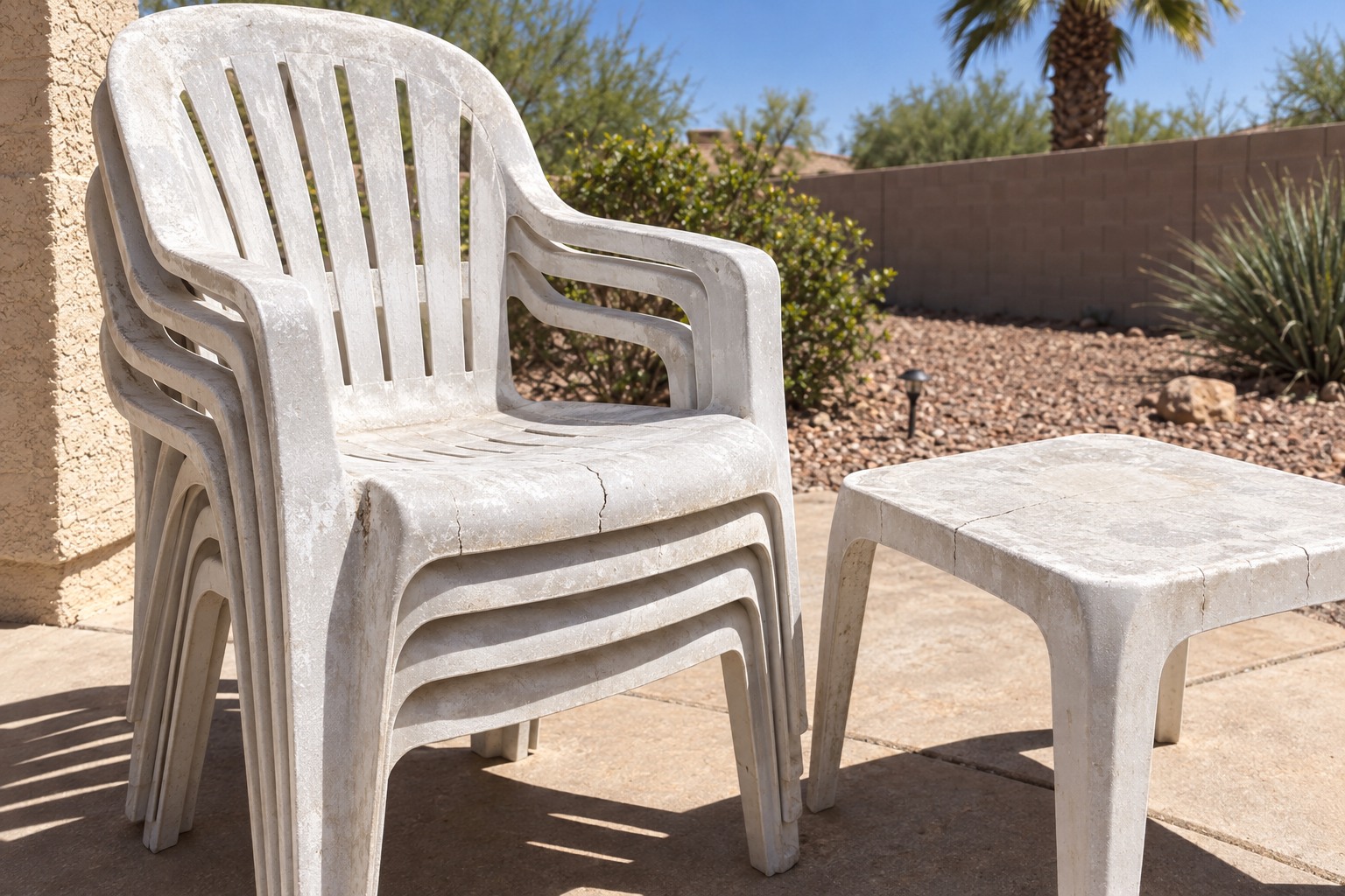sun-faded patio chairs