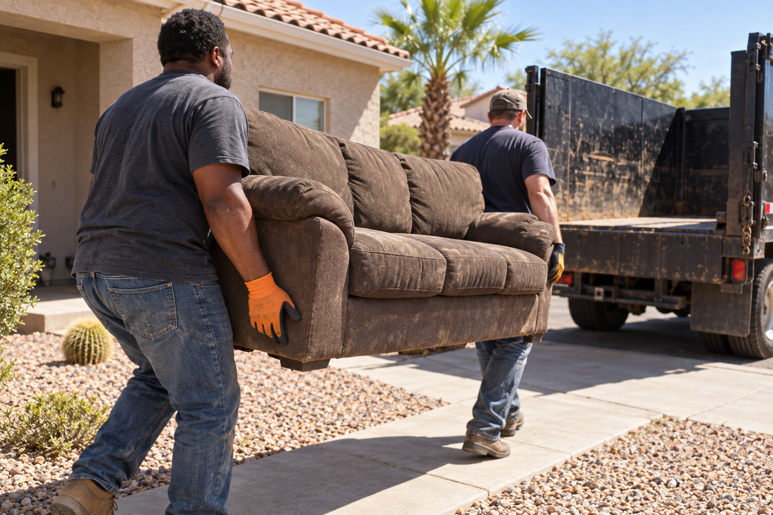 junk removal crew carrying an old couch to the truck
